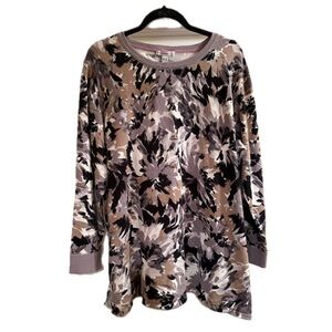 Isaac Mizrahi Live Taupe Black Abstract Floral Print Tunic Sweater Size 3X